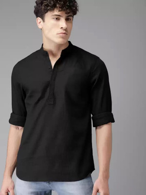 Chow Chow Men Solid Straight Kurta(Black)