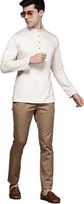 MANYAVAR Men Floral Print Straight Kurta(Beige)
