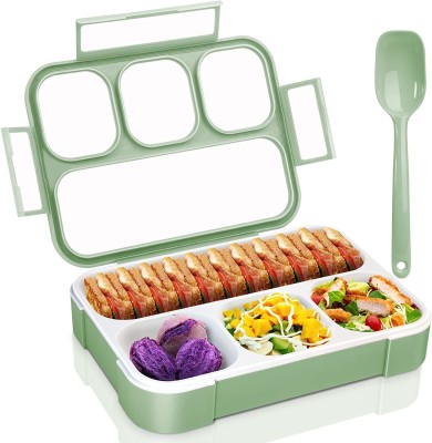 XXSSIER Plastic Leak Proof 4 Compartment Lunch Box with Spoon (Green) 4 Containers Lunch Box(1000 ml)