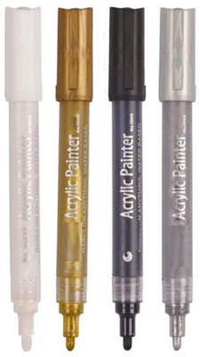 Sabahz Trading Acrylic Paint Marker Art Markers DIY Glass Ceramic Rock Wood Canvas Metal Fabric(Set of 4, Gold, Silver, White, Black)