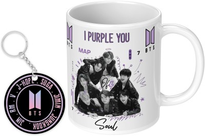NH10 DESIGNS Bts Cup With Keychain Signature Army Bts Combo BTS-67 Ceramic Coffee Mug(350 ml, Pack of 2)