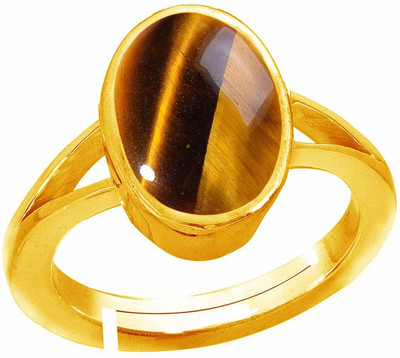 EVERYTHING GEMS 9.25 Ratti 8.27 Carat Natural Tiger Eye Original Certified Tiger’s Eye Ring Brass Crystal Gold Plated Ring