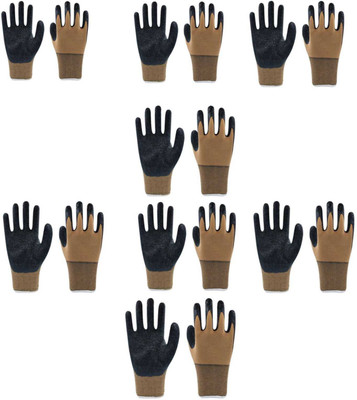 Aatrangi Brown Nylon With Black Crinkle Garden Gloves Reusable Rubber Coated Work Gloves Synthetic  Safety Gloves(Pack of 16)