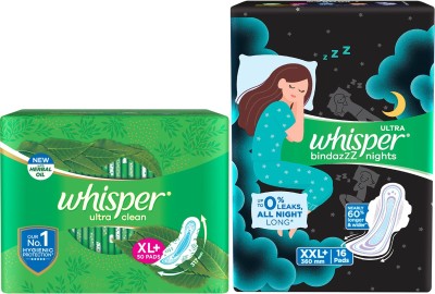 Whisper Ultra Clean XL+ Pack of 50 Napkins + Bindazzz Nights XXL+ Pack of 16 Napkins Sanitary Pad  (Pack of 66)