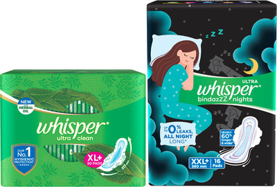 Whisper Ultra Clean XL+ Pack of 50 Napkins + Bindazzz Nights XXL+ Pack of 16 Napkins Sanitary Pad (Pack of 66)