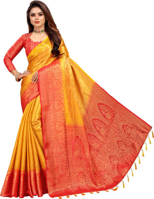 DHRUVIL TEXTILES Woven Banarasi Cotton Silk Saree(Red, Yellow)
