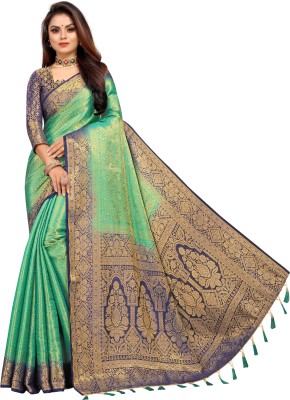 ANGOORI TEXTILES Woven Banarasi Cotton Silk Saree(Dark Blue, Green)