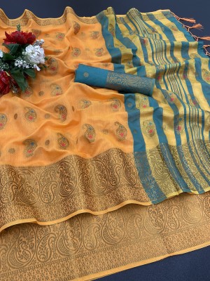 Shopya Woven Kanjivaram Pure Silk, Cotton Silk Saree(Green, Orange)