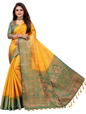 DHRUTI TEXTILES Woven Banarasi Cotton Silk Saree(Green, Yellow)