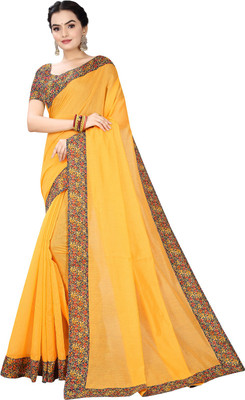 manish Solid/Plain Chanderi Cotton Blend Saree(Yellow)