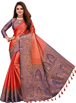 INDI FASHION Woven Banarasi Cotton Silk Saree(Dark Blue, Red)