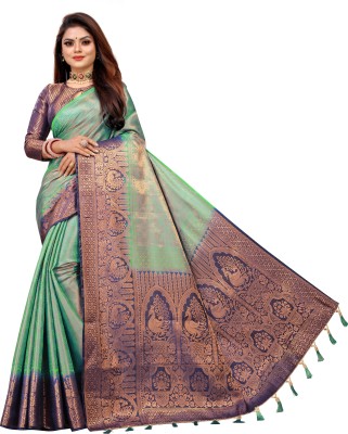 DHRUVIL TEXTILES Woven Banarasi Cotton Silk Saree(Dark Blue, Green)