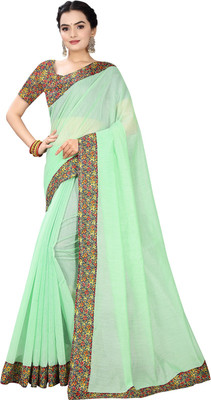 manish Solid/Plain Chanderi Cotton Blend Saree(Light Green)