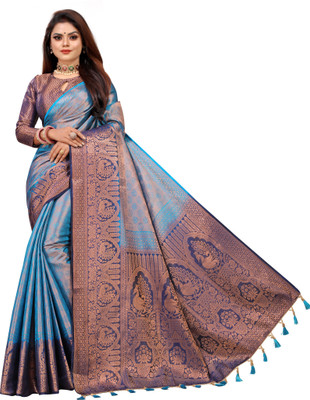 DHRUTI TEXTILES Woven Banarasi Cotton Silk Saree(Dark Blue, Blue)