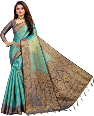 DHRUTI TEXTILES Woven Banarasi Cotton Silk Saree(Dark Blue, Blue)