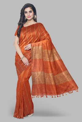 Swa Peaches Design Studios Self Design, Checkered Handloom Tussar Silk Saree(Gold, Orange)