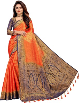 DHRUTI TEXTILES Woven Banarasi Cotton Silk Saree(Dark Blue, Orange)