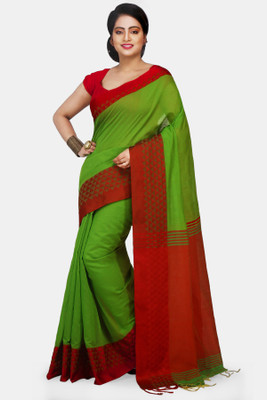 Mystory Woven Handloom Handloom Cotton Silk Saree(Red, Green)