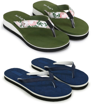 TWO SOFT Women Combo Pack Of 2 Stylish Casual Light & Soft Comfortable Daily Wear Slippers(Green, Blue , 7)