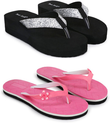 TWO SOFT Women Combo Pack Of 2 Women Slipper Stylish Casual Light & Soft Comfortable Daily Wear Slippers(Silver, Pink , 7)