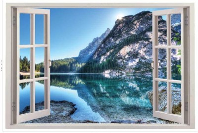 100yellow 90 cm Mountain River View Window Framed Printed 3D Wall Self Adhesive Sticker(Pack of 1)
