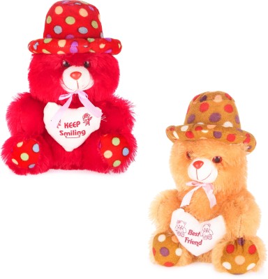 Topgrow Soft Teddy Bear Cap Style with Heart Multicolour Red.Brown Set of 2 (12 inch)  - 12 inch(Multicolor)
