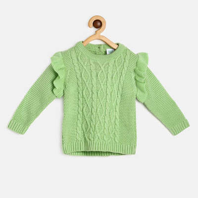 MINI KLUB Self Design Round Neck Casual Baby Girls Green Sweater