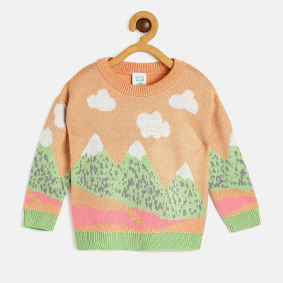 MINI KLUB Printed Round Neck Casual Baby Girls Orange Sweater