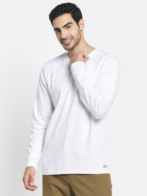 METTLE Solid Men V Neck White T-Shirt