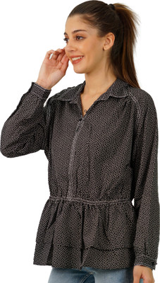 OMNEY Casual Floral Print Women Black Top