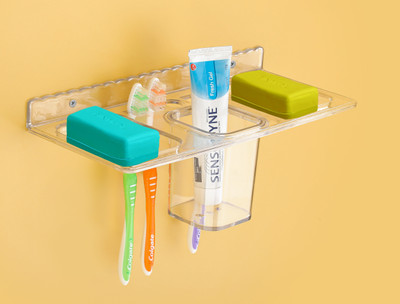Flipkart SmartBuy Plastic 4 in1 Multipurpose Shelf/Paste-Brush Stand/Soap Stand-Bathroom(pack- 1)(Transparent)