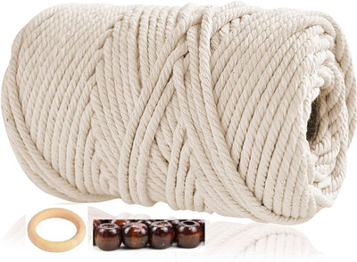 vmps 3MM (150 Meters) Macrame Thread with 4 wooden Beads and 1 Ring for Macrame DiY and other Projects.(Off-White)