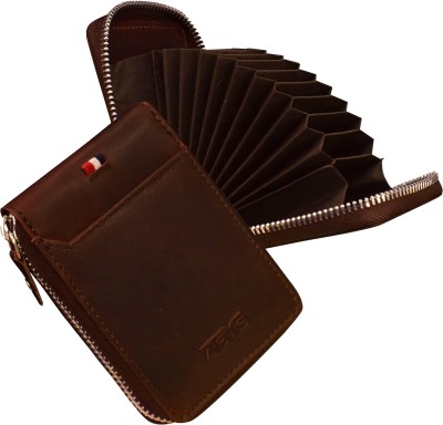 ABYS Genuine Leather RFID Card Holder with Metallic Zip Closure 10 Card Holder(Set of 1, Brown, Brown)