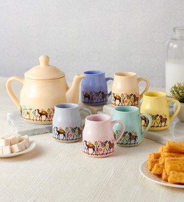 ROXX Pack of 7 Ceramic candy Morning Tea/Coffee 6 mug(180ml) & 1 Tea Pot(600ml) multicolor(Multicolor, Cup Set)