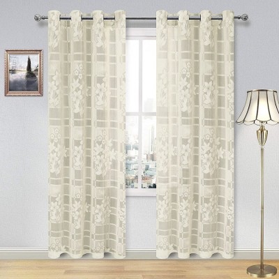 HHF DECOR 274 cm (9 ft) Polyester Semi Transparent Long Door Curtain (Pack Of 2)(Floral, Cream)