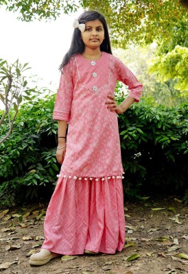 Advik Girls Casual Kurta and Palazzo Set(Pink Pack of 1)