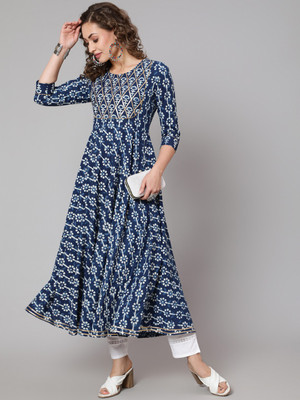 GLAM ROOTS Women Floral Print Anarkali Kurta(Blue)