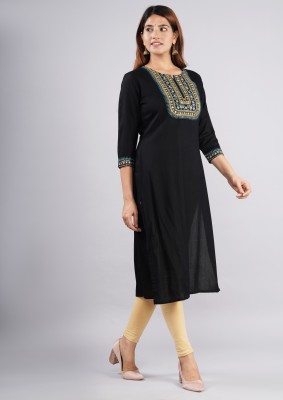 JAIPUR PRIME Women Embroidered A-line Kurta(Black)