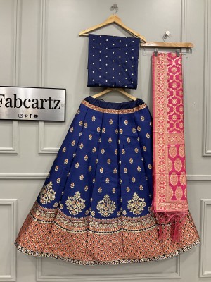 Fabcartz Self Design Semi Stitched Lehenga Choli(Dark Blue, Orange)