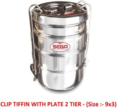 SEGA Stainless Steel Clip Tiffin 3-Tier With Plate Between Tier Lunch Box (Size-9x3) 3 Containers Lunch Box(500 ml)