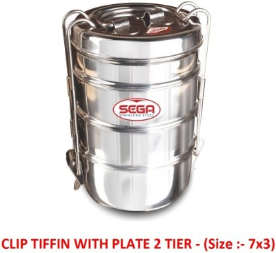SEGA Stainless Steel Clip Tiffin 3-Tier With Plate Between Tier Lunch Box (Size-7x3) 3 Containers Lunch Box(300 ml)