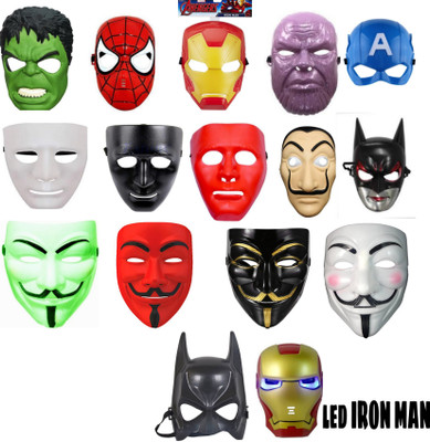 yubirth Solid Men & Women's party wear mask combo pack of (16) with led iron man Party Mask(Multicolor, Pack of 16)