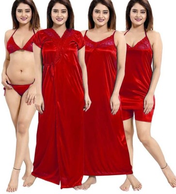 UWNAQA Women Self Design Red Night Suit Set