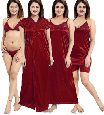 UWNAQA Women Self Design Maroon Night Suit Set
