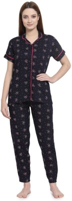 UZARUS Women Printed Dark Blue Shirt & Pyjama set