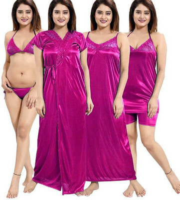 UWNAQA Women Self Design Pink Night Suit Set