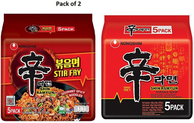 Nongshim Stir Fry 655g&Shin Ramyun 600g (Pack of 2)|(Imported) Instant Noodles Non-vegetarian(2 x 649.5 g)