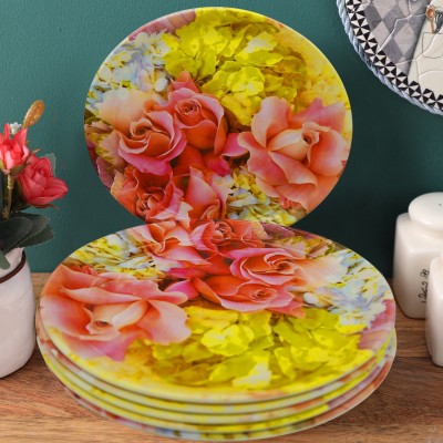 Gallery99 Pink Floral With Yellow Patel Melamine Full Plates Dinner Plate(Pack of 6, Microwave Safe)