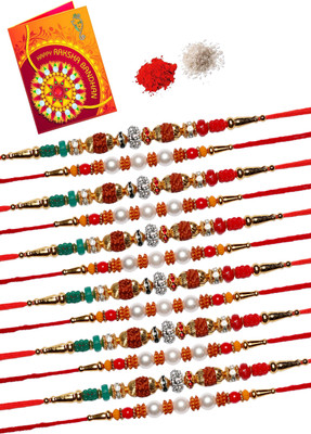 Rakhi Nation Thread R3-6,R8-6 Assorted Rakhi  Set(12 Rakhi, Roli & Chawal, Greeting Card)