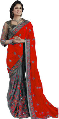 G JELLY FASHION TREE Embroidered Bollywood Net Saree(Orange)